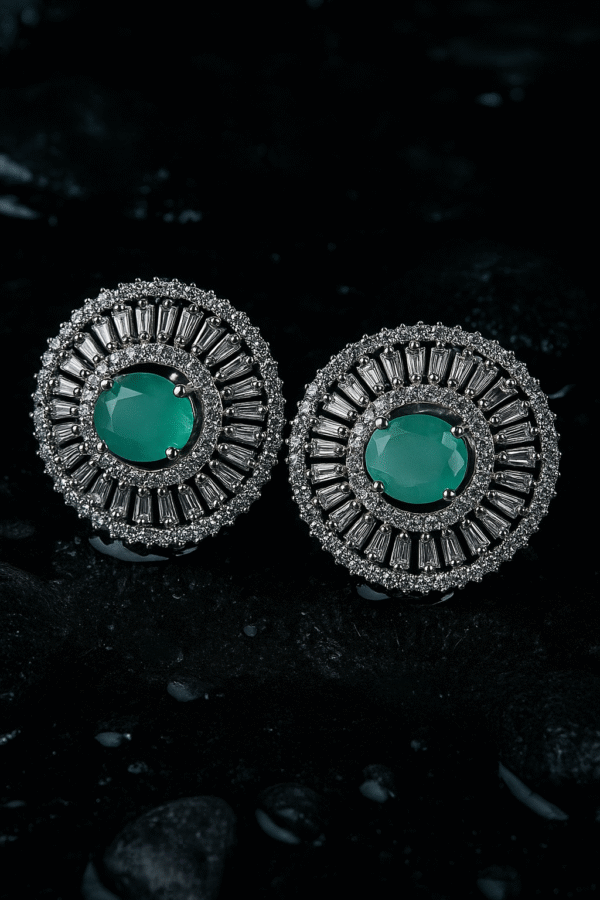 Elegant Emerald Green Stud Earrings – Silver Halo CZ Design for Women